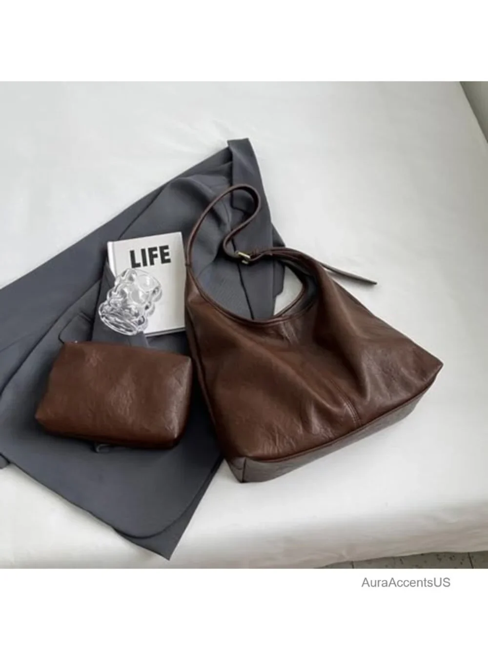 Vegan Leather Slouchy Hobo Bag 2PC Set with Coin Purse Crossbody Shoulder Tote
